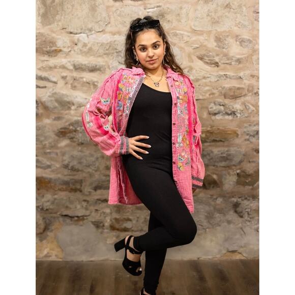 Avani del Amour womens XL pink boho embroidered tunic butterfly open front top - Picture 2 of 7